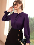kkboxly  Tie Front Ruffle Trim Blouse, Elegant Solid Long Sleeve Blouse, Women's Clothing