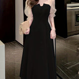 kkboxly  Contrast Mesh Ruffle Dress, Elegant Puff Sleeve Evening Party Dress, Women's Clothing