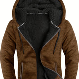 kkboxly  Men's Warm Fleece Hooded Jacket, Casual Zip Up Hoodie With Kangaroo Pocket For Fall Winter