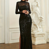 kkboxly  Sequined Mock Neck Bridesmaid Dress, Elegant Long Sleeve Split Dress For Party & Banquet, Women's Clothing