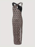 kkboxly  Graphic Print Splicing Dress, Sexy Split Thigh Sleeveless Summer Dress, Women's Clothing