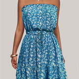 kkboxly  Ditsy Floral Off Shoulder Dress, Sexy Sleeveless Drawstring Summer Dress, Women's Clothing