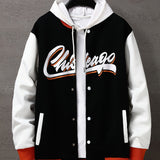 Retro Letter Print Preppy Varsity Jacket, Men's Casual Baseball Jacket Coat Regular Fit College Hipster Windbreaker For Spring Autumn