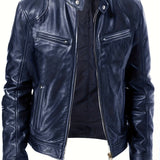kkboxly  Zipper Pockets PU Jacket, Men's Casual Solid Color Zip Up Stand Collar Faux Leather Jacket For Spring Fall