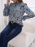 Leopard Print Shirred Trim Blouse, Casual Mock Neck Long Sleeve Blouse For Spring & Summer, Women's Clothing