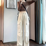 kkboxly  Solid Straight Leg Cargo Pants, Y2K Flap Pocket High Waist Loose Pants, Women's Clothing