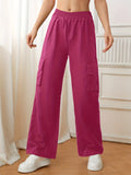 kkboxly  Flap Pockets Straight Leg Cargo Pants, Casual High Waist Pants, Women's Clothing
