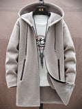 kkboxly  Warm Mid-length Hooded Fleece Coat, Men's Comfortable Solid Color Zip Up Knitted Cardigan For Spring Fall