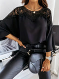 kkboxly  Lace Splicing Batwing Sleeve Blouse, Casual Solid Off Shoulder Summer Blouse, Women's Clothing