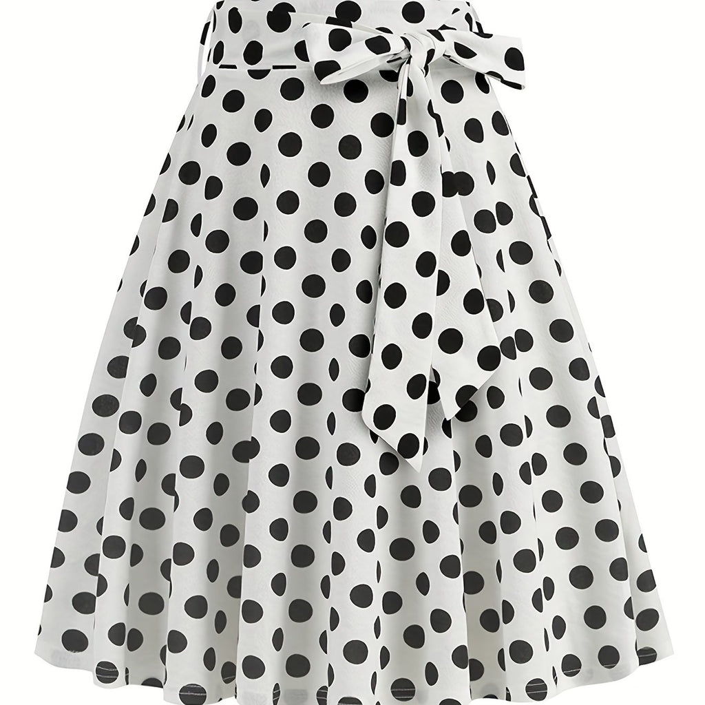 kkboxly  Polka Dot Print Pleated Skirts, Vintage Bow Flare Skirts For Spring & Summer, Women's Clothing