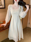 kkboxly  Solid Contrast Lace Dress, Elegant Long Sleeve Squared Neck Ruched Dress, Women's Clothing
