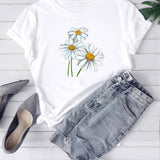kkboxly  Cute Daisy Print T-Shirt, Short Sleeve Crew Neck Casual Top For All Season, Women's Clothing