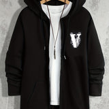 kkboxly  Letter V In The Mist Print Men's Hooded Sweatshirt Casual Long Sleeve Hoodies With Full Zip-Up Gym Sports Hooded Jacket