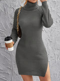 kkboxly  Bodycon Solid Turtleneck Knitted Dress, Elegant Long Sleeve Casual Dress For Fall & Winter, Women's Clothing