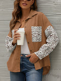 kkboxly  Corduroy Leopard Print Stitching Coat, Casual Lapel Long Sleeve Button Down Fashion Loose Outerwear, Women's Clothing