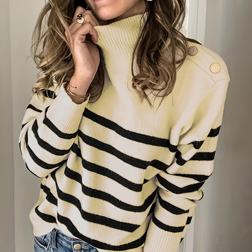 kkboxly  Striped Turtle Neck Pullover Sweater, Casual Long Sleeve Button Shoulder Sweater, Women's Clothing