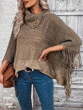 Color Block Tassel Trim Cape Sweater, Casual Asymmetrical Collar Button Sweater, Women's Clothing
