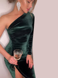 kkboxly  Solid One Shoulder Long Sleeve Split Tunic Dress, Elegant Bodycon Bag Hip Ruffled Dress, Women's Clothing