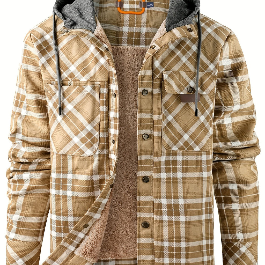 kkboxly  100% Cotton Classic Plaid Men's Hooded Jacket Fleece Lined Casual Long Sleeve Sherpa Lined Hoodies Hooded Shirt Coat For Autumn Winter