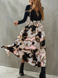 Geo Print Splicing Dress, Elegant V Neck Long Sleeve Dress, Women's Clothing
