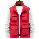 kkboxly  Multi Zipper Pockets Vest, Men's Casual Stand Collar Zip Up Vest For Spring Summer Outdoor Fishing Hiking