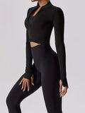kkboxly  Solid Color Long Sleeve Thumb Hole Yoga Jacket, Casual Sports Running Top, Women's Tops