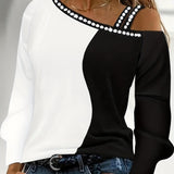 kkboxly  Rhinestone Color Block T-Shirt, Casual Long Sleeve Cold Shoulder T-Shirt, Women's Clothing