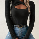 Cut Out Twist Ribbed Knit Sweater, Casual Long Sleeve Slim Fall Winter Knit Sweater, Women's Clothing