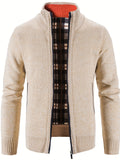 kkboxly  Warm Stand Collar Fleece Jacket, Men's Casual Comfortable Solid Color Zip Up Knitted Cardigan For Spring Fall