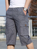 Geometric Pattern Cotton Cargo Shorts, Men's Casual Multi Pocket Waist Drawstring Cargo Shorts For Summer Outdoor