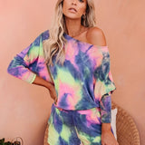 kkboxly Colorful Tie Dye Print Two-piece Set, Crew Neck Long Sleeve Top & Pocket Shorts Outfits, Women's Clothing