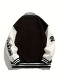 kkboxly Loose Fit Varsity Jacket, Men's Casual Color Block Button Up Jacket For Spring Fall School Baseball