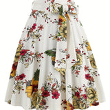 kkboxly  Polka Dot Print Pleated Skirts, Vintage Bow Flare Skirts For Spring & Summer, Women's Clothing
