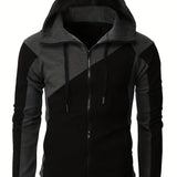 kkboxly  Men's Fleece Sports Zipper Hooded Long Sleeves Drawstrings Color Block Sweatshirt With Pockets