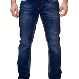kkboxly  Slim Fit Straight Leg Jeans, Men's Casual Street Style Distressed Medium Stretch Denim Pants For All Seasons