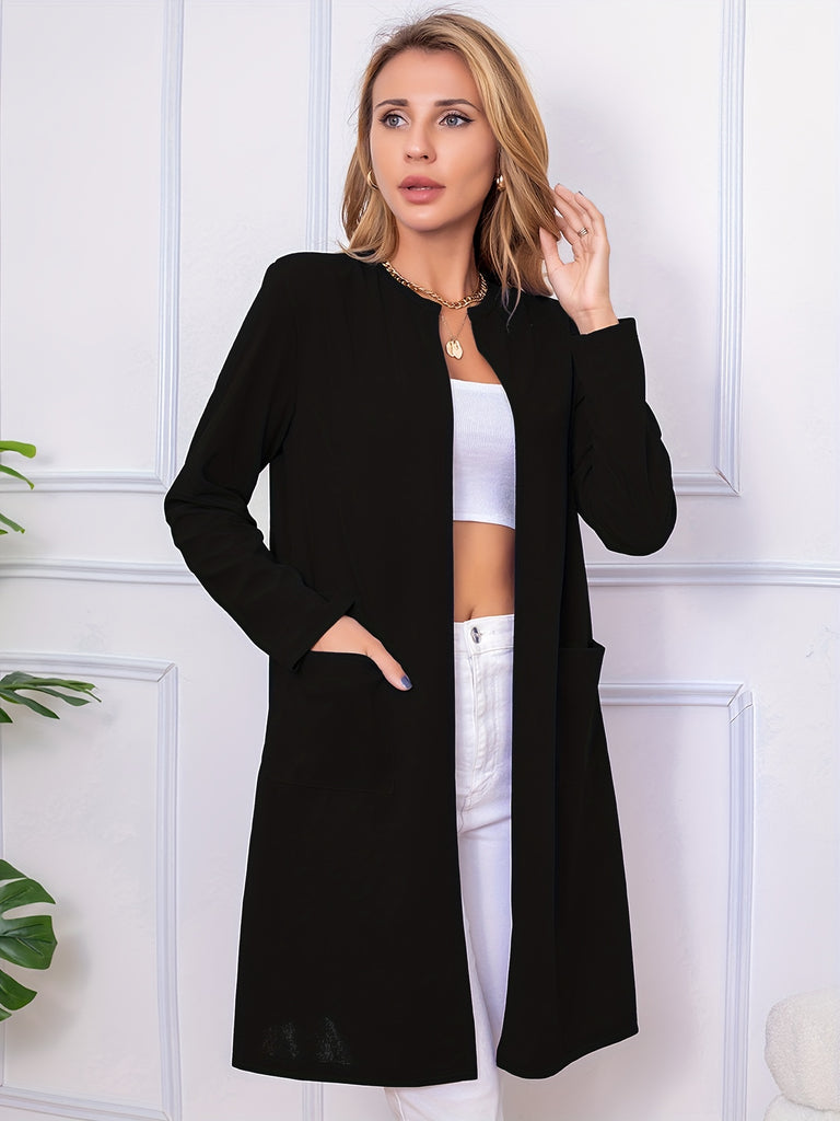 kkboxly  Long Length Open Front Coat, Casual Long Sleeve Solid Outerwear, Women's Clothing