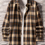 kkboxly  Men's Plaid Turndown Collar Long Sleeve Shirt, Trendy Comfy Loose Shirt For Spring Autumn