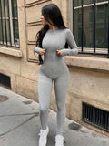 kkboxly  Solid Color Long Sleeve Jumpsuit, Fitness Yoga Slim Fit Yoga Bodysuit, Women's Activewear