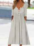 kkboxly  Dual Pockets Button Dress, Casual Crew Neck Long Sleeve Dress, Women's Clothing