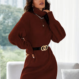 2025 kkboxly  Solid Turtleneck Drop Shoulder Sweater Dress, Casual Long Sleeve Bag Hip Mini Dress, Women's Clothing