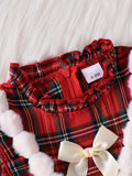 Adorable Girls' Christmas Plaid Long Sleeve Dress with Pom-Pom Detail - Cozy Polyester, Machine Washable - Perfect for Fall/Winter