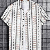 kkboxly  Vertical Stripe Print Men's Casual Short Sleeve Shirt, Men's Shirt For Summer Vacation Resort