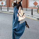 kkboxly  Blue Raw Hem Denim Overall Dress, Non-Stretch Loose Fit Split Denim Overall Dress, Women's Denim Clothing