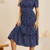 Kkboxly  Heart Print Midi Dress, Square Neck Drop Shoulder A-Line Dress, Women's Classic Casual Dresses For All Seasons, Women's Clothing