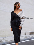 Color Block Batwing Sleeve Dress, Tie-waist V Neck Slim Knit Dress, Women's Clothing