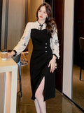 kkboxly  Split Hem Dress, Elegant Long Sleeve Slim Ruched Midi Dress, Women's Clothing