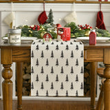 Christmas Tree Linen Table Runner - Woven Rectangular Holiday Table Decoration, Solid Beige with Tree Design, 100% Linen Christmas Dining Decor for Home & Party - 1pc
