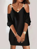 Kkboxly  Chain 3/4 Sleeve Dress, Casual Cold Shoulder V Neck Solid Dress, Women's Clothing
