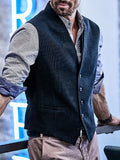 kkboxly  V Neck Suit Vest, Men's Casual Retro Style Solid Color Single Breasted Waistcoat For Spring Fall Dinner Suit Match Beer Festival