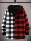 Men's Color Block Hooded Checkered Sweatshirt Casual Long Sleeve Hoodies With Button Gym Sports Hooded Jacket
